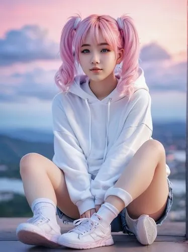 neopolitan,pinklao,pink hair,xiaolu,adidas,lux,vi,marmie,neapolitan,bubblegum,pink shoes,pinkaew,fila,owsla,pink background,pink white,anime girl,tracksuit,cotton candy,harajuku,Illustration,Japanese style,Japanese Style 18