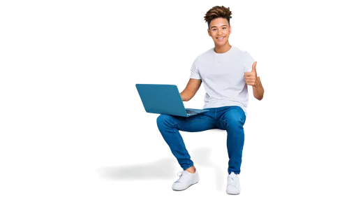 YouTube subscriber, male, young adult, thumbs up, smiling face, trendy hairstyle, casual wear, white t-shirt, blue jeans, sneakers, sitting in front of a laptop, YouTube logo on screen, notification a