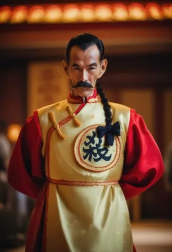 一位穿着唐装的老头，八字胡，奸笑，,the emperor's mustache,shuanghuan noble,taiwanese opera,asian costume,korean royal court cuisine,yi sun sin,qi-gong,peking opera,wushu,makchang gui,tai qi,geomungo,wuchang,jeongol,su