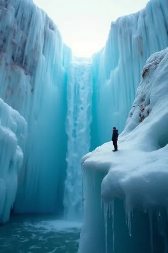 北極冰山斷崖,有一條細長的瀑布,斷崖上站著渺小的人,a man standing on an ice covered edge in front of a waterfall,icefall,icefalls,ice castle,ice wall,ice cave,ice curtain