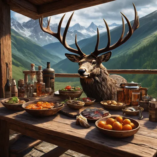 elk,deer illustration,manchurian stag,food table,breakfast table,bull elk resting,alpine restaurant,western food,stag,deer,skyrim,european deer,caribou,bull elk on lateral moraine,moose,alpine pastures,buffalo plaid antlers,the spirit of the mountains,deers,elk bull,Illustration,Realistic Fantasy,Realistic Fantasy 06