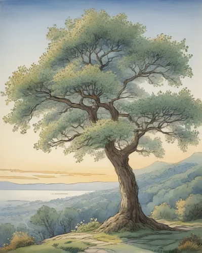 Create a tranquil setting where a flower tree brings hope and healing to its surroundings.,oak tree,californian white oak,robert duncanson,argan tree,oregon white oak,hokka tree,celtic tree,california