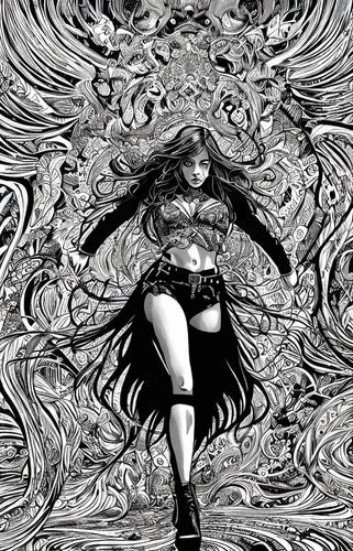 1girl, full body, solo, long hair, line art, sideways,goddess of justice,super heroine,medusa,comic halftone woman,wonder woman,wonderwoman,wind wave,superhero background,raven girl,super woman,vortex