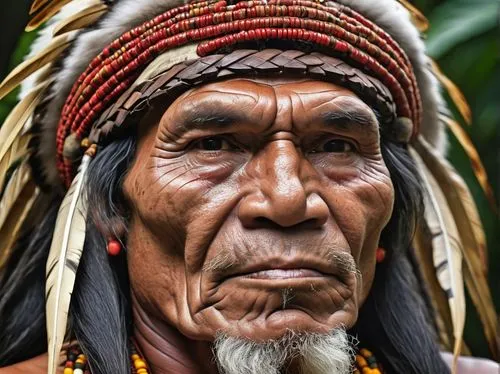 Chief of the Amazonian tribe, face sculpted by wrinkles,,tribal chief,papuan,aborigine,native american,american indian,ancient people,nomadic people,the american indian,shamanism,war bonnet,primitive 