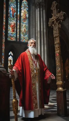 Fantasy priest, holy man, mature, white beard, golden cross, crimson robes, intricate embroidery, ornate mitre, sacred staff, gentle eyes, wise expression, solemn atmosphere, grand cathedral, stained 