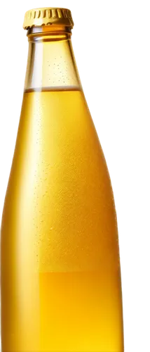 Frosted glass beer bottle, transparent background, cold condensation droplets, golden beer liquid, foam head, rounded bottle shape, label details, reflective surface, shallow depth of field, warm ligh