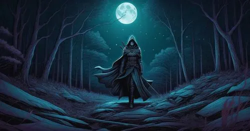 a fantasy woman with dark hair standing in the woods at night,grimm reaper,oscura,patronus,slender,moonsorrow,halloween illustration,witchfinder,nacht,fantasma,dementors,shadowgate,dark art,geist,blue