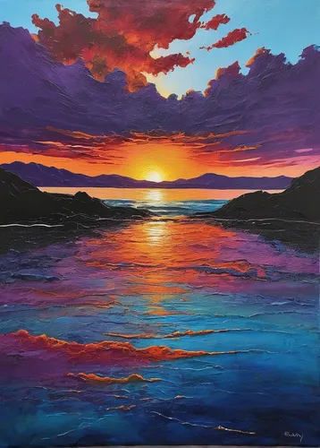 incredible sunset over the lake,coast sunset,oil on canvas,evening lake,painting technique,oil painting on canvas,mountain sunrise,laguna verde,oil painting,purple landscape,alpine sunset,tekapo,seascape,sunset glow,sunset,salt-flats,sea landscape,acrylic,sunset beach,stabyhoun,Illustration,Paper based,Paper Based 15