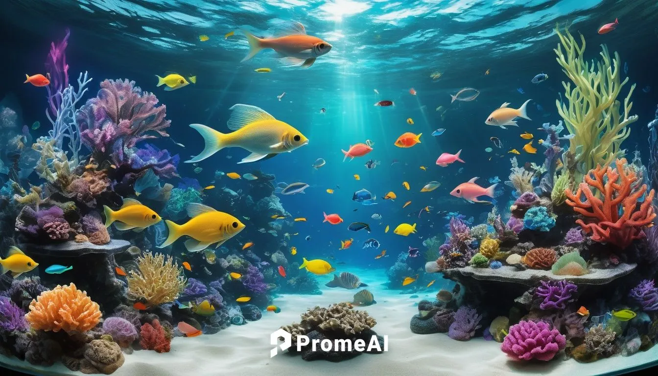 "Crie um aquário virtual repleto de peixes exóticos e coloridos, com plantas aquáticas vibrantes e recifes de coral. Inclua interações realistas, como peixes nadando em cardumes, alimentando-se e inte