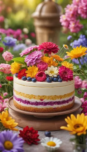 Design a lovable dessert surrounded by colorful flowers in a cheerful garden.,cassata,torte,edible flowers,cake decorating,buttercream,easter cake,a cake,cake decorating supply,layer cake,flowerful de