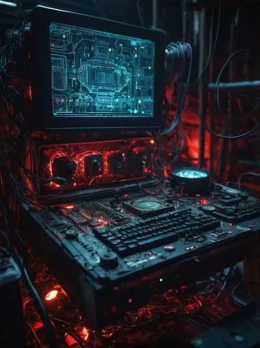 Inappropriate AI generator, futuristic laboratory, messy wires, broken screens, scattered motherboards, warning signs, hazardous materials, dim red lighting, eerie ambiance, abandoned equipment, destr