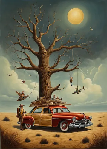 station wagon-station wagon,surrealism,notchback,volvo cars,buick y-job,surrealistic,buick century,volvo amazon,tangerine tree,aronde,edsel,orange tree,moon car,ford anglia,brown tree,rover p4,bmw 320,old cars,fantasy picture,antique car,Illustration,Realistic Fantasy,Realistic Fantasy 40