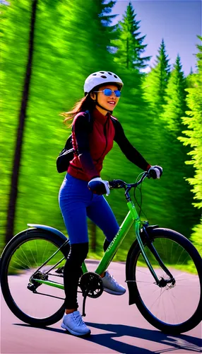 young adult, casual wear, helmet, sunglasses, gloves, athletic shoes, bicycle, mountain bike, wheels spinning, motion blur, outdoor scenery, sunny day, green trees, blue sky, 3/4 composition, low-angl