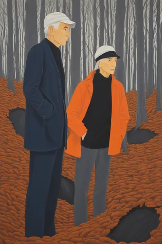 forest workers,old couple,burned land,hikers,forest walk,autumn walk,farmer in the woods,deforested,molehill,fallen leaves,deadvlei,the woods,grandparents,foragers,elderly people,people in nature,the forests,dead leaves,coal mining,in the fall,Conceptual Art,Oil color,Oil Color 13