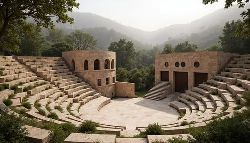 Granite amphitheater, rugged stone walls, tiered seating, natural landscape integration, open-air performance space, curved architecture, warm beige color scheme, rustic wooden accents, metal railings