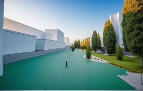 Make the image look realistic with textures, white buildings, green trees, clear blue sky by day, walkable cement textured floor,futuristic art museum,white temple,landscape designers sydney,3d render