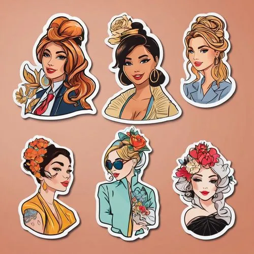 set of cosmetics icons,fairy tale icons,hair clips,hair accessories,crown icons,meninas,stickers,hairpieces,fashion vector,retro women,reinas,hairstyles,bachelorettes,disneyfied,retro 1950's clip art,retro pin up girls,caricatures,bombshells,icon set,princesses,Unique,Design,Sticker