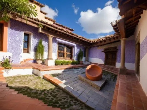 DISEÑO DE UNA CASA ESTILO MEXICANO MODERNO, CON UN CLAUSTRO CONFORMADO POR UNA TERRAZA  A BASE DE VIGAS DE MADERA, TEJA, COLUMNAS REDONDAS, EN EL CENTRO UN ESPEJO DE AGUA, CON EL ESTILO DE LA ARQUITEC