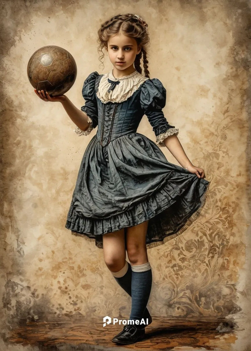 pen and wash Portrait on mottled, torn and faded paper: Victorian young girl playing with a ball,woman's basketball,touch football (american),rugby ball,football player,pigskin,gridiron football,baske