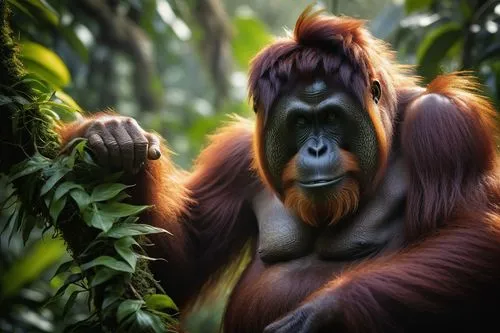 Orangutan, king of jungle, powerful muscles, thick fur, wise eyes, gentle face, sitting on tree branch, tropical rainforest, vines entwined, exotic flowers blooming, misty atmosphere, warm sunlight fi