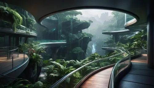 futuristic landscape,rainforests,habitats,vivarium,yavin,biospheres,skybridge,arcology,atriums,futuristic architecture,spaceship interior,kashyyyk,futuristic art museum,rainforest,skyways,rain forest,environments,skywalks,sky space concept,biopiracy,Illustration,Japanese style,Japanese Style 18