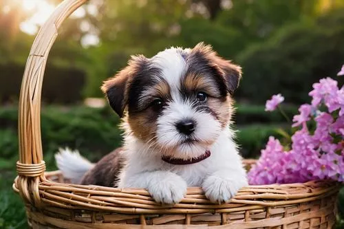 flowers in basket,miniature australian shepherd,cute puppy,tibetan terrier,havanese,sealyham terrier,russell terrier,english shepherd,easter basket,miniature fox terrier,flower basket,australian shepherd,jack russell terrier,parson russell terrier,wicker basket,puppy shetland sheepdog,bearded collie,petit basset griffon vendéen,cardigan welsh corgi,picnic basket,Conceptual Art,Daily,Daily 33