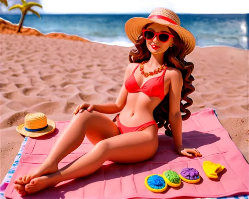 candy island girl,derivable,summer background,beach background,tropico,summer items,lolly,coladas,barbie doll,haulover,3d render,sun hat,barbie,pink beach,two piece swimwear,cutout cookie,summer icons,dream beach,beachcomber,colada,Unique,3D,Clay