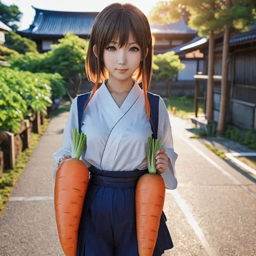 anime character,japanese style,girl,carrot,girl holding two carrots walking down the street,daikon,kawaii vegetables,sano,mitsuki,wakatsuki,oboro,Photography,General,Realistic