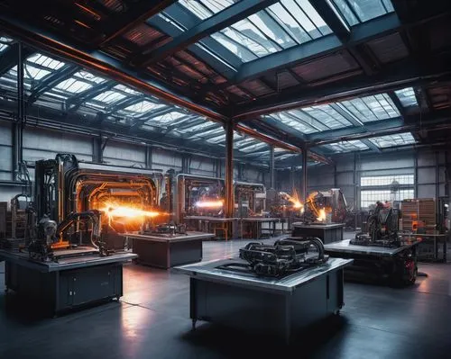 industrial alloy workshop, futuristic architecture, metallic structure, steel beams, glass walls, neon lights, robotic arms, welding sparks, mechanical tools, intricate piping systems, modern furnitur