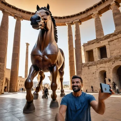 man and horses,the horse at the fountain,gerusalemme,equestrian statue,jerash,big horse,Photography,General,Realistic