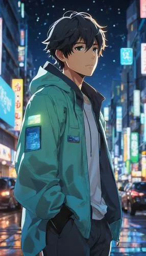 The night sky is illuminated by the soft glow, as a vibrant and captivating anime man dressed in a oversized jacket walks along the streets of a sprawling city. The man is surrounded by a diverse rang