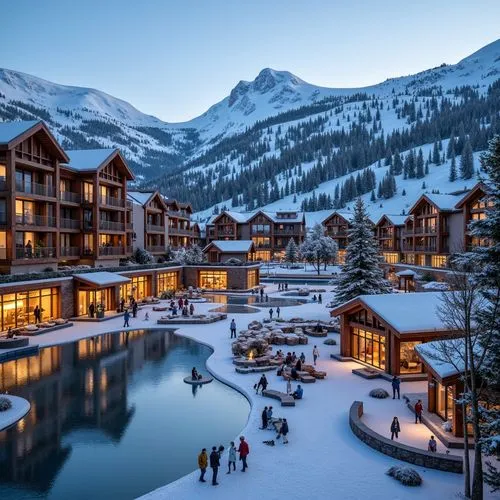 Vibrant ski resort, snow-capped mountains, frozen lakes, rustic wooden buildings, cozy fireplaces, warm lighting, ski lifts, chairlifts, gondolas, slopeside amenities, mountain-inspired architecture, 