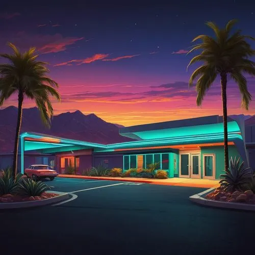 Modern motel, neon sign, retro-futuristic vibe, geometric shapes, bold lines, vibrant colors, angular roof, cantilevered balconies, glass railings, sleek metal door handles, minimalist decor, tropical