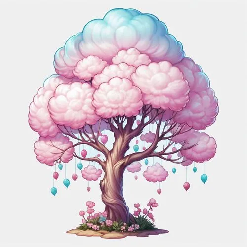 flourishing tree,blossom tree,cherry blossom tree,tree mushroom,strawberry tree,painted tree,Illustration,Abstract Fantasy,Abstract Fantasy 11