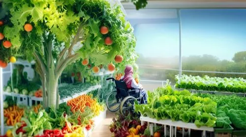 A photorealistic rendering of an indoor high-tech fruit and vegetable Hydroponic Towergarden inside a dome-shaped pod, with rows of ground lettuce and white trellis walls of citrus. The scene is illum