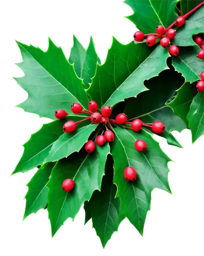 Holly leaves, bright green, glossy, prickly edges, red berries, shiny, rounded, clusters, detailed veins, morning dew, soft sunlight filtering through leaves, 3/4 composition, shallow depth of field, 