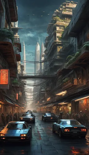 futuristic landscape,street canyon,world digital painting,kowloon city,kowloon,post-apocalyptic landscape,suburb,ancient city,city scape,cityscape,urban landscape,concept art,sci fiction illustration,slums,dystopian,cyberpunk,racing road,harbour city,shanghai,urbanization,Art,Classical Oil Painting,Classical Oil Painting 34