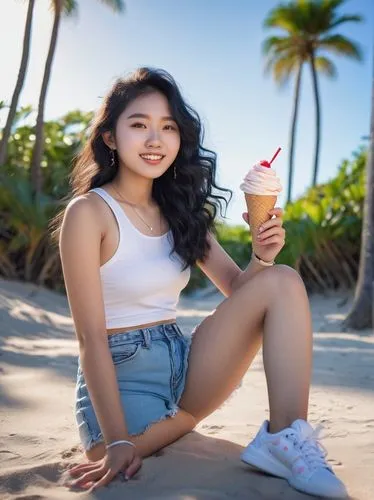 beach background,halo-halo,sundae,woman with ice-cream,foot in dessert,relaxed young girl,pink ice cream,tutti frutti,ice cream stand,summer background,soft ice cream,teen,ice cream,asian girl,girl in t-shirt,pink background,coconut milk,piña colada,vanilla ice cream,vanilla icecream,Illustration,Retro,Retro 23