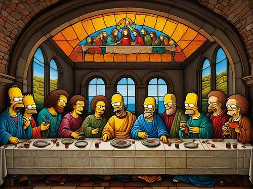 holy supper,last supper,christ feast,simpsons,simpson,krabappel,emmaus,paskah,apostles,church painting,judas,homerf,flanders,thanksgiving background,jesusa,christmas dinner,birth of christ,the occasion of christmas,nativity of christ,nativity of jesus,Illustration,Realistic Fantasy,Realistic Fantasy 11