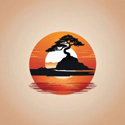 Describe a serene evening scene with a solitary bonsai silhouette against a fiery sunset.,yakushima,wakayama,miyajima,fujiyama,shikoku,bonsai,sailing orange,kumamoto,palm tree vector,arashiyama,osaka 