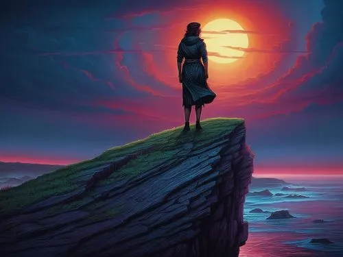 amazing painting ,the horizon,woman silhouette,fantasy picture,world digital painting,horizons,girl on the dune,silhouette art,dreamtime,dreamscape,skywatchers,siggeir,melancholia,to be alone,cliffsid