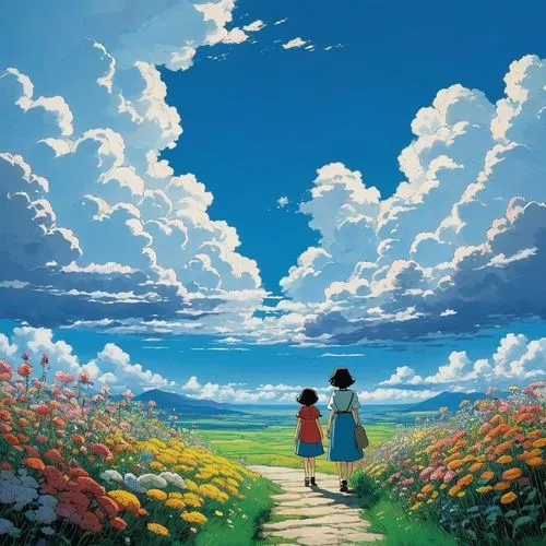 studio ghibli,hisaishi,cloudstreet,ghibli,arrietty,blue sky clouds,Illustration,Japanese style,Japanese Style 14