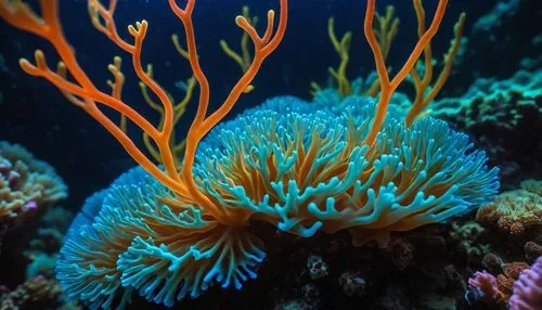 macrophotograph, beautiful bioluminescent blue glow quantum sea coral polyps on the coral reef, natural lighting, light-focused, amateur shot,soft corals,coral reef,feather coral,stony coral,coral ree