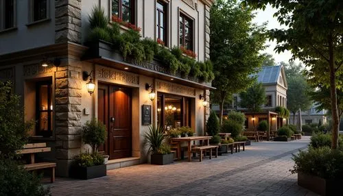 Rustic pub exterior, Baroque-inspired fa\u00e7ade, ornate stone carvings, grand entranceways, lantern-style lighting, lush greenery, overflowing flower boxes, meandering cobblestone pathways, natural 