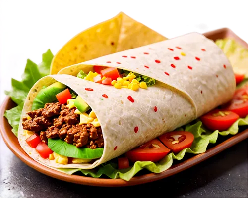 Mexican dish, burrito, wrapped in foil, colorful ingredients, beef or chicken filling, lettuce, tomatoes, cheese, salsa, sour cream, avocado slices, crispy tortilla, folded corners, steam rising, appe