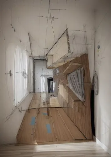 inverted cottage,hallway space,abandoned room,houseboat,room divider,railway carriage,kitchen interior,3d rendering,walk-in closet,laundry room,drywall,portuguese galley,core renovation,electrical wir