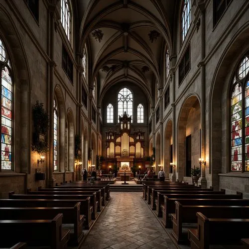 Weathered stone walls, intricately carved gargoyles, grandiose stained glass windows, ornate wooden pews, mysterious vaulted ceilings, mystical candlelight, eerie shadows, dramatic archways, imposing 