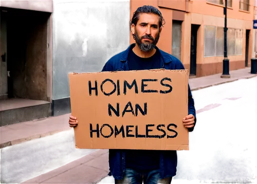 Homeless man, worn-out clothes, dirty beard, messy hair, tired eyes, slumped posture, holding a cardboard sign, standing by a street corner, urban setting, morning light, shallow depth of field, gritt