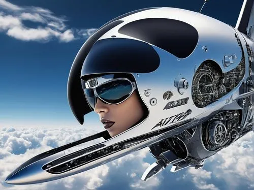 Futuristic aviation design, sleek lines, metallic materials, aerodynamic shape, curved wings, silver and black color scheme, intricate mechanical details, cockpit with glass canopy, pilot in aviator s