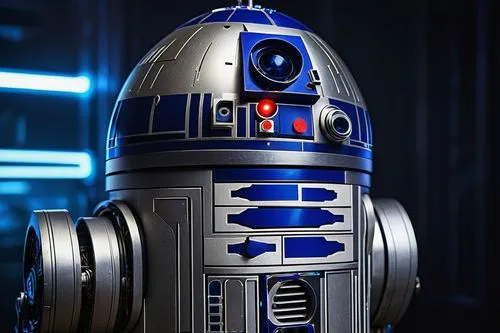 R2D2 robot, detailed mechanical body, metallic silver and blue, glowing blue circuits, bright LED eyes, intricate wires, shiny metal limbs, complex structure, futuristic design, neon lights reflecting